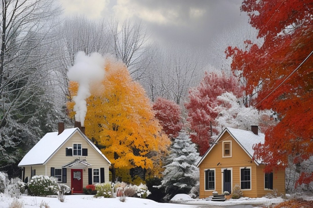 First Snow on Autumn Foliage